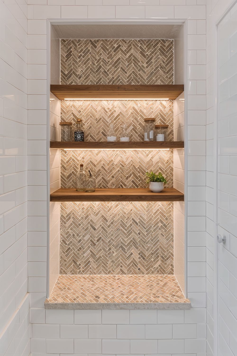 Farmhouse Shower Niche With Contrasting Herringbone Tile Design