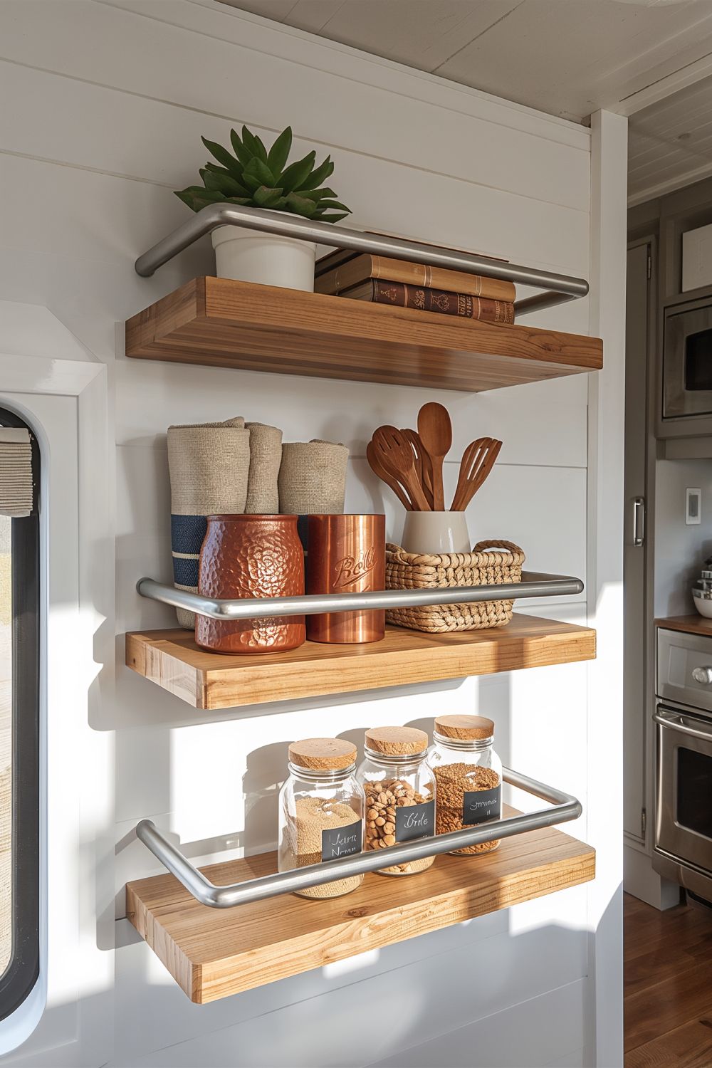 Floating Shelves With Safety Rails For RV Travel