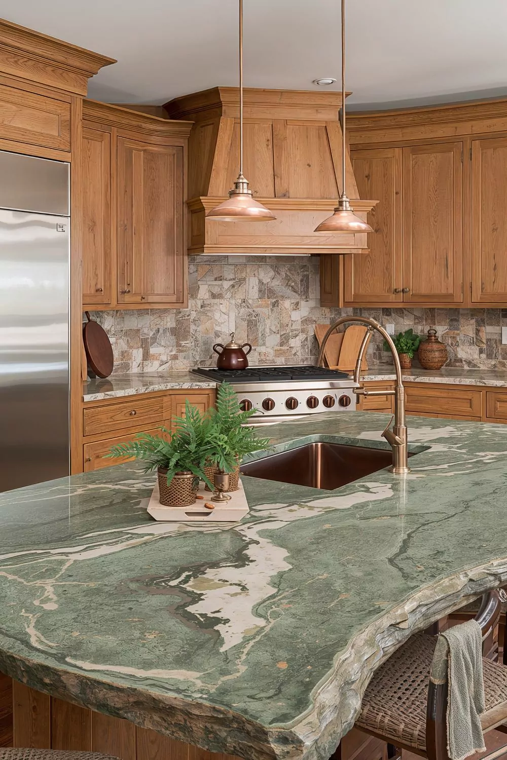 Green Granite Brings Nature To Oak Cabinet Kitchens