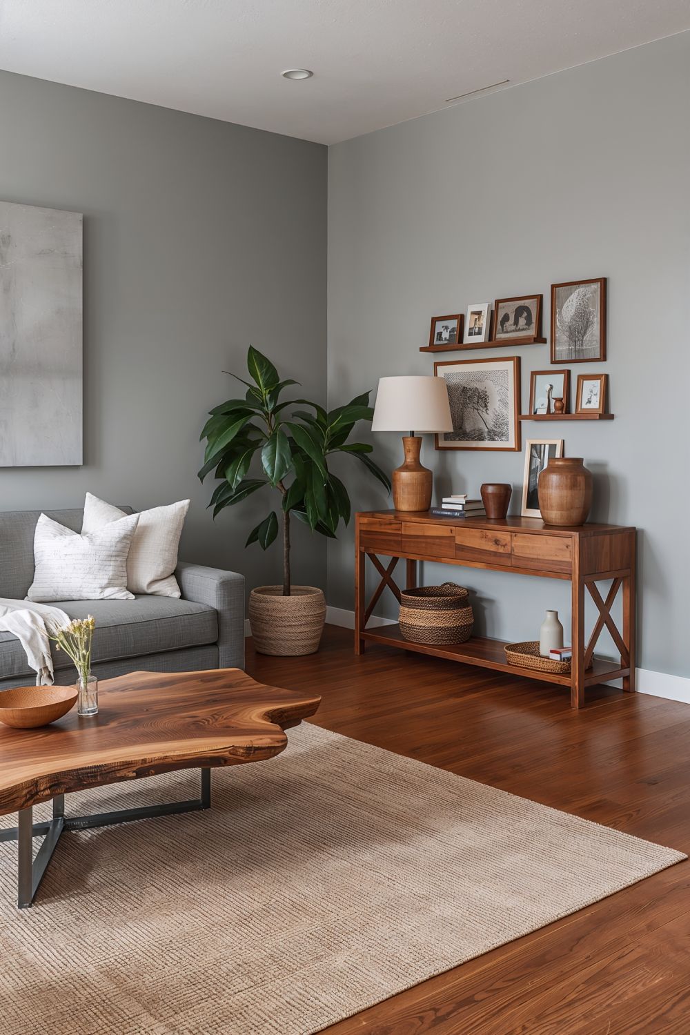 Grey Living Room With Rich Walnut Wood Furniture And Accents