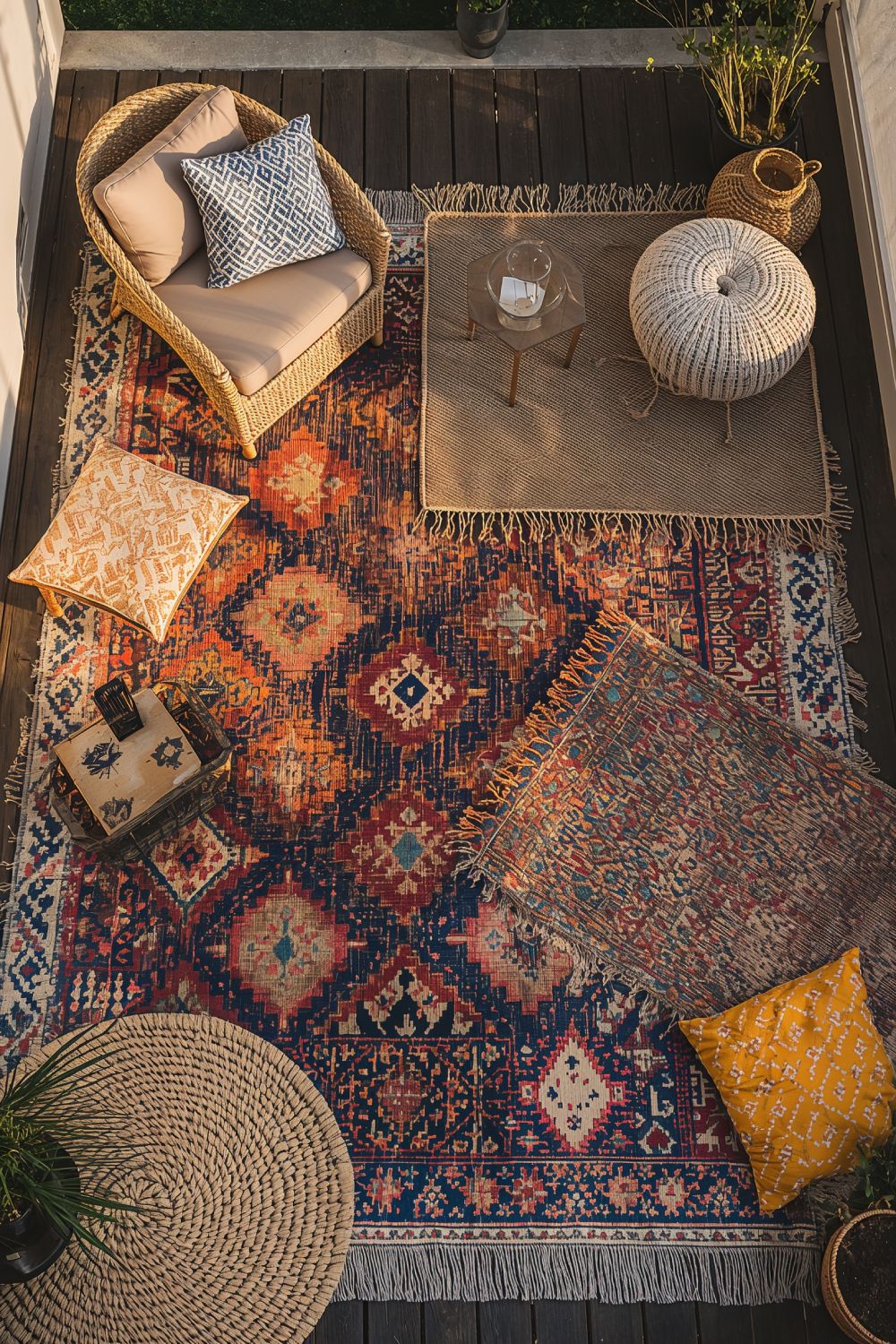 Layered Boho Outdoor Rugs With Bold Patterns