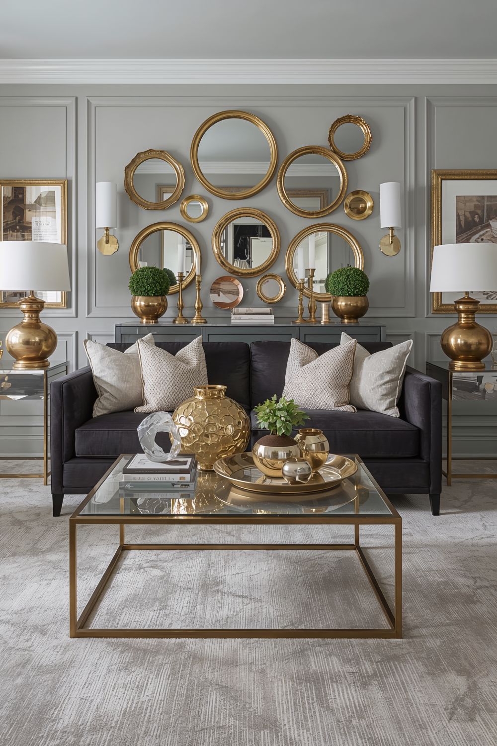 Luxurious Grey Living Room With Gold And Brass Metallic Accents