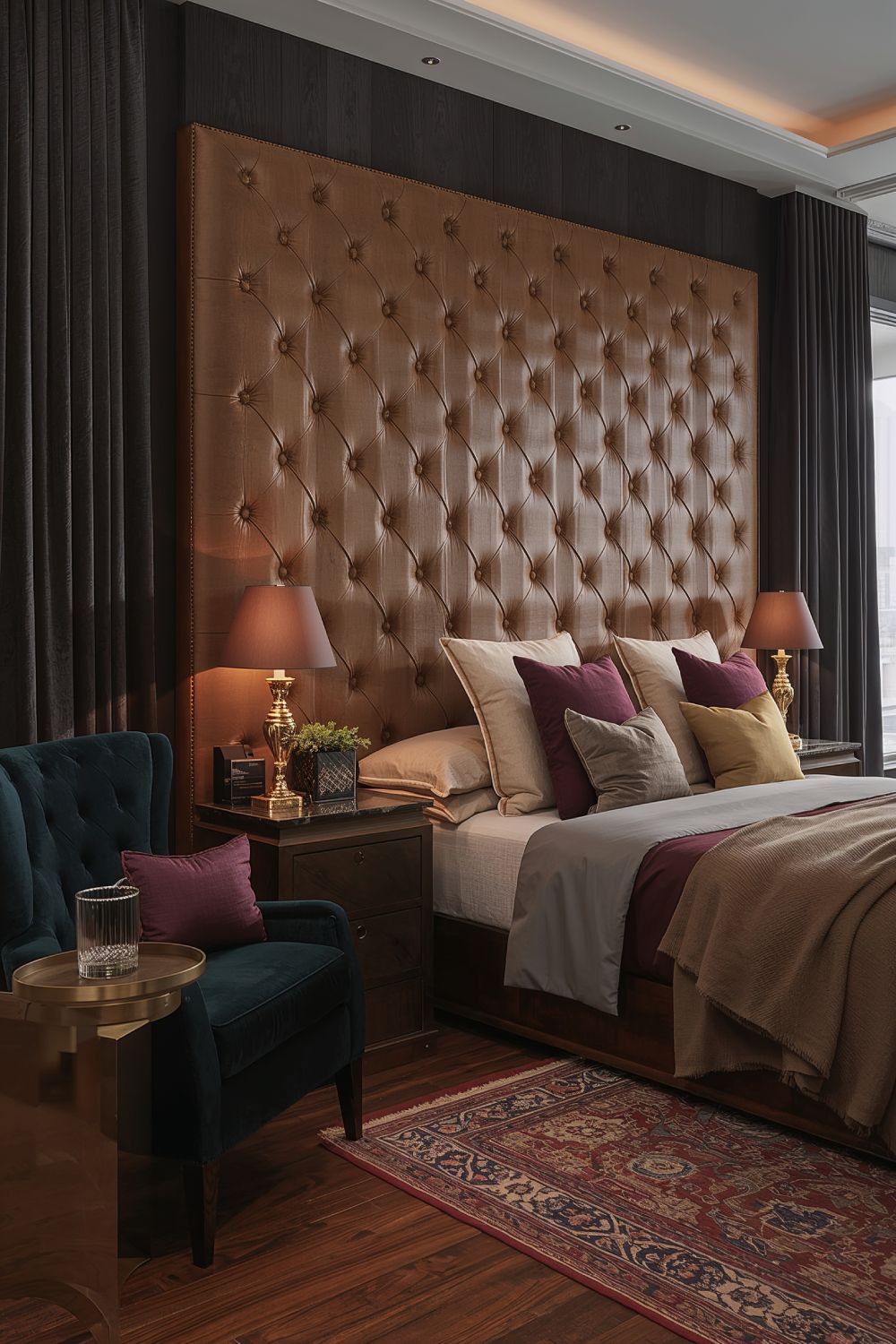 Luxury Men's Bedroom With Leather Headboard And Rich Textures