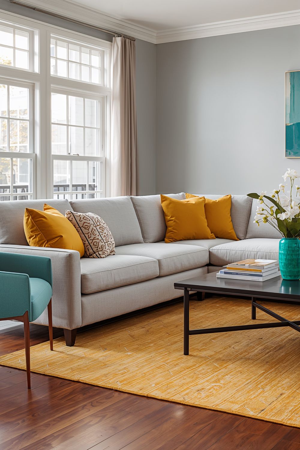 Modern Light Grey Sectional With Vibrant Yellow And Turquoise Accents