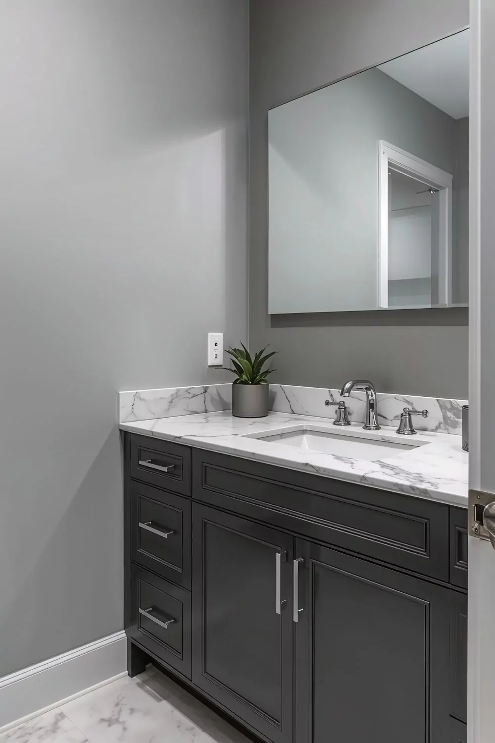 Monochromatic Gray Bathroom Walls And Vanity Design