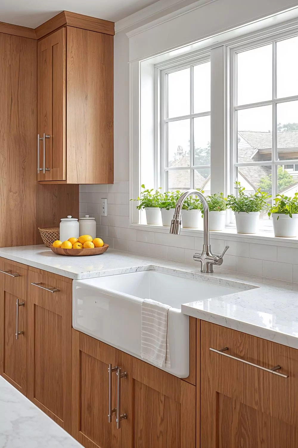 White Quartz Makes Oak Cabinets Look Amazing