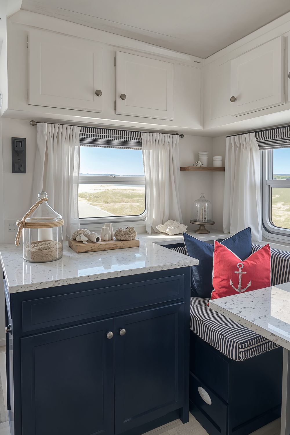 Coastal Blue Pop Up Camper Makeover With White Cabinets