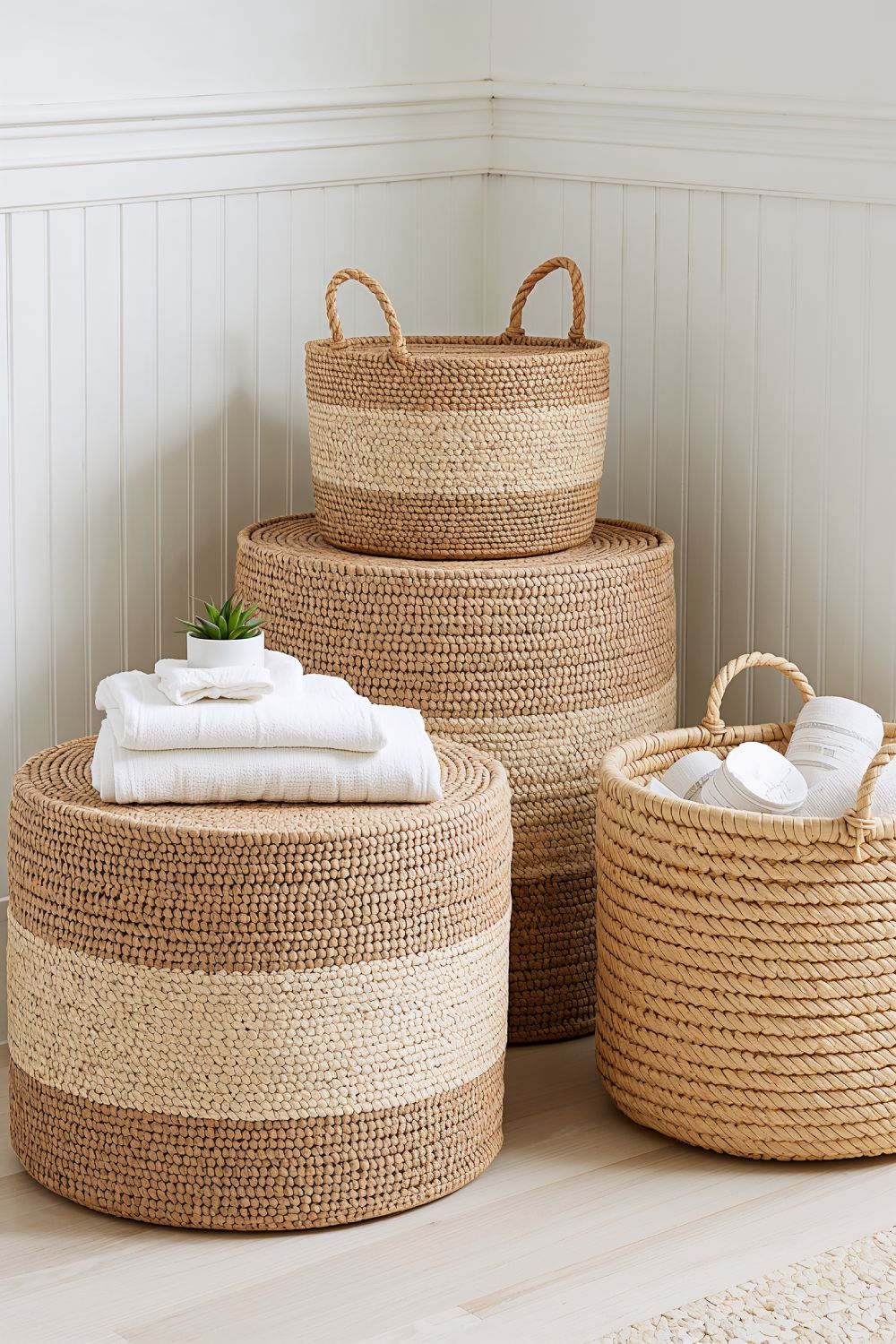 Layered Jute Storage Baskets And Poufs Coastal Nursery Organization