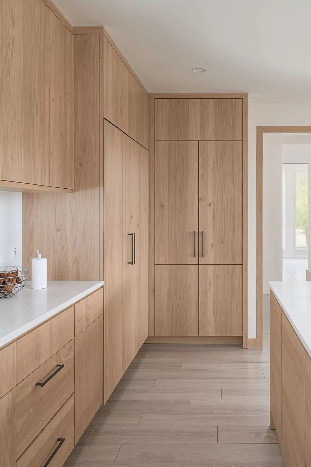 Natural Wood Cabinets With Alabaster Walls