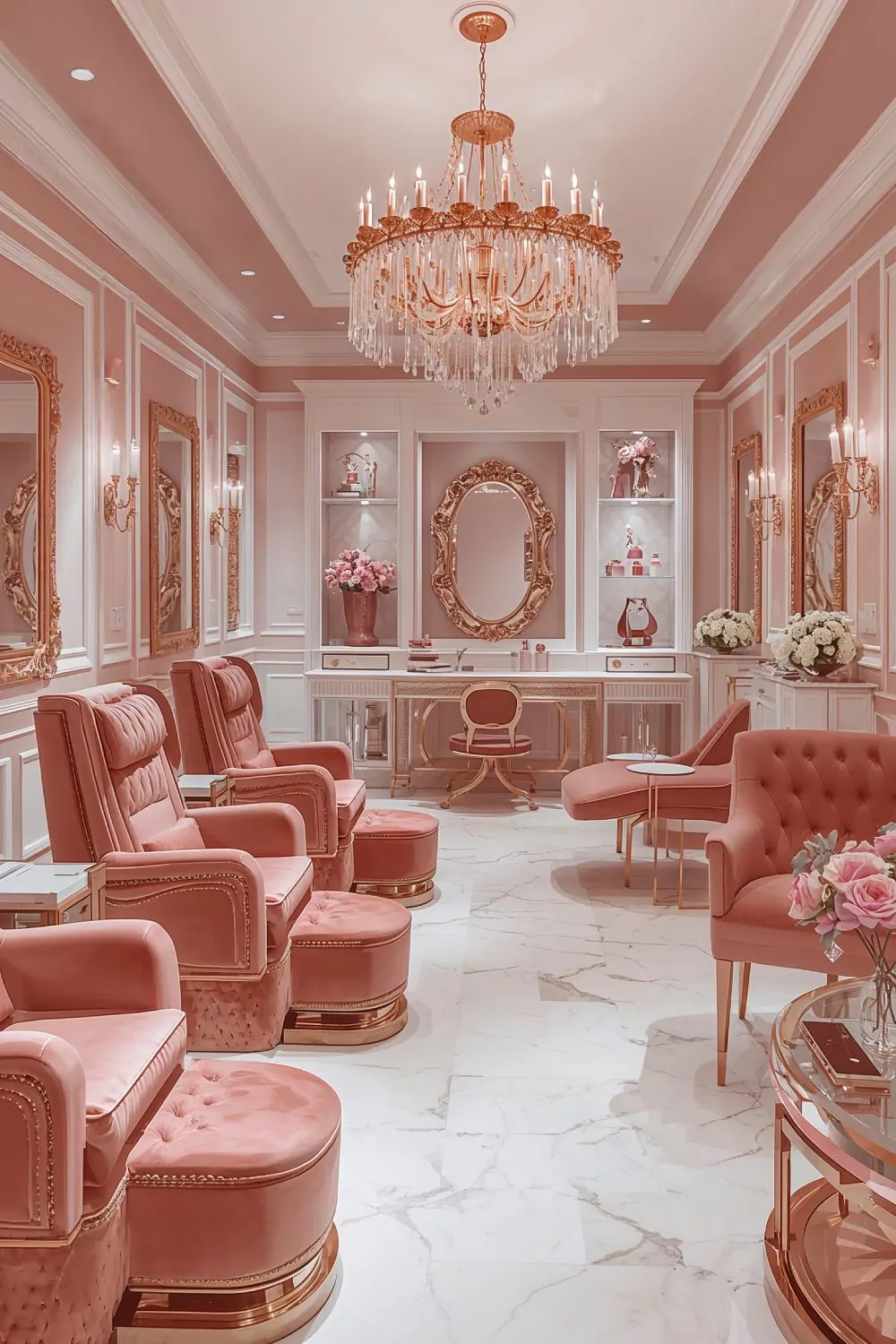 Pink Rose Gold Luxury Nail Salon Interior Glam Design