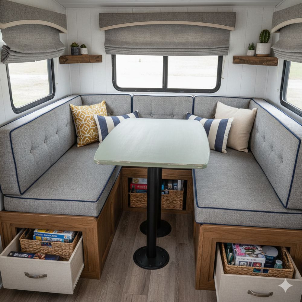Updated Dinette Booth With Custom Cushions And Storage