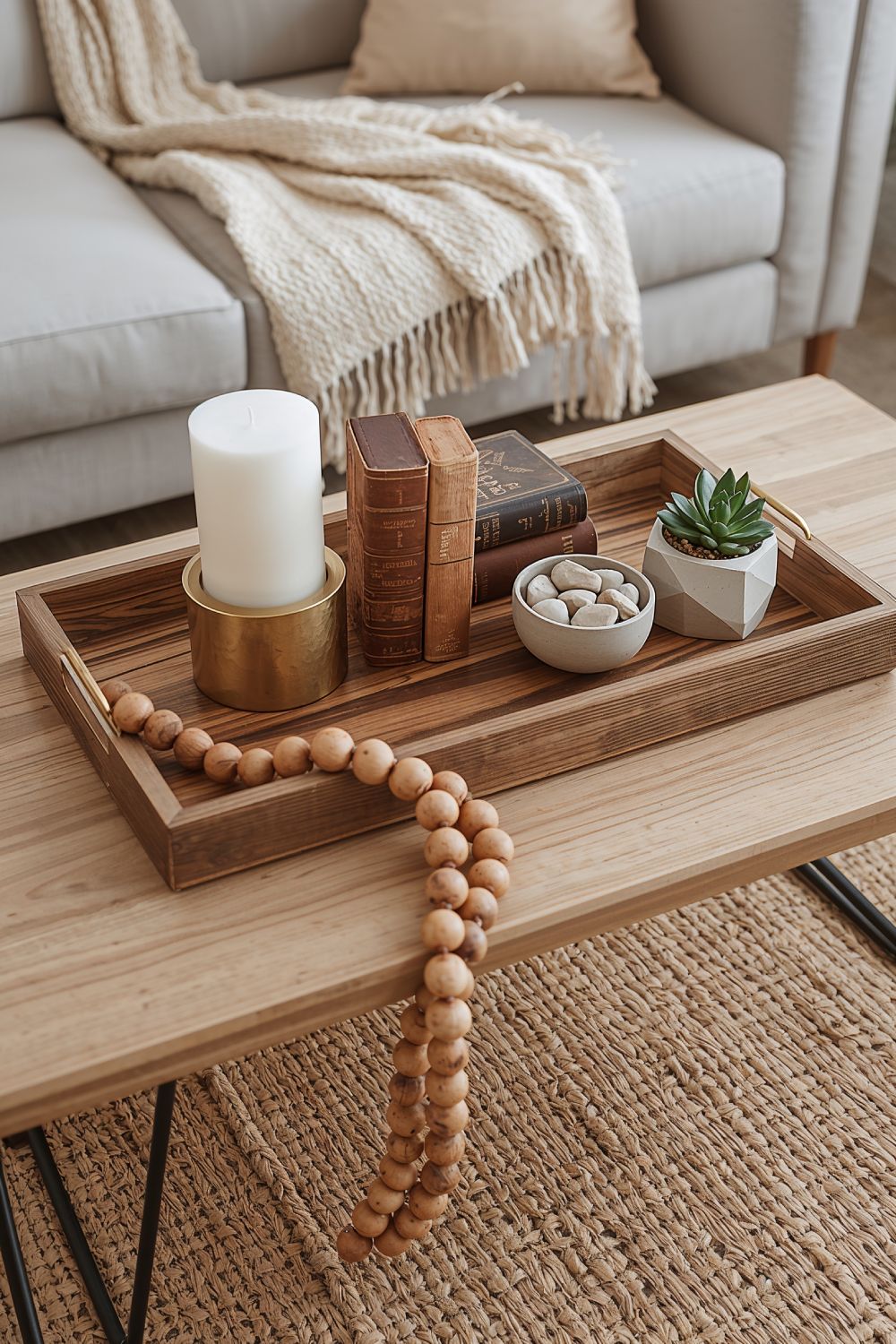Boho Coffee Table Centerpiece With Rustic Wood Tray