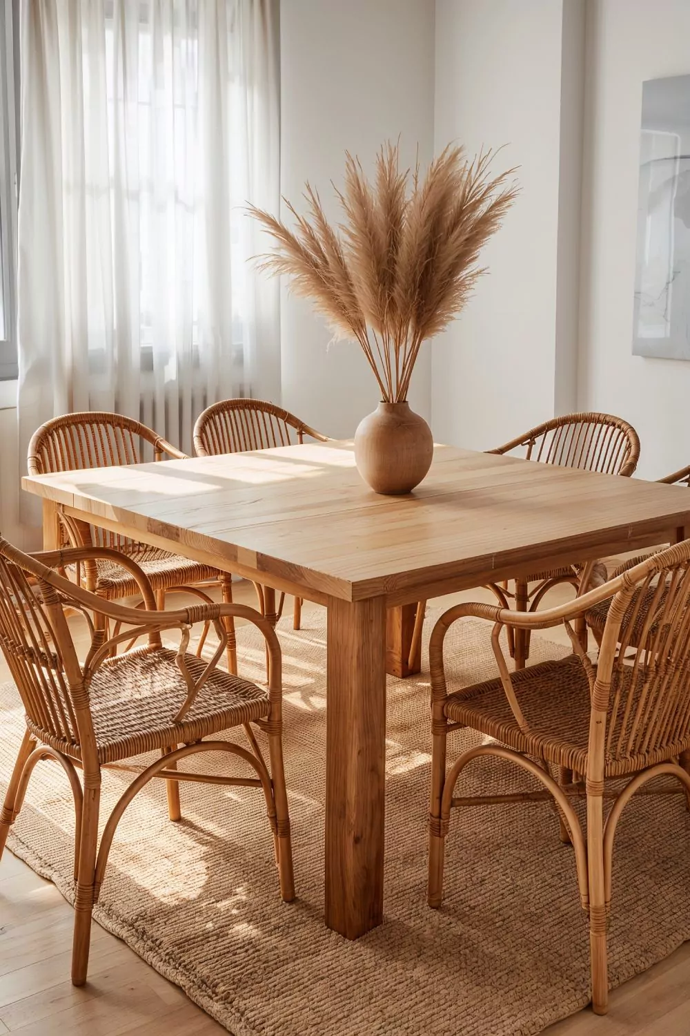 Boho Dining Room With Rattan Chairs And Wood Table