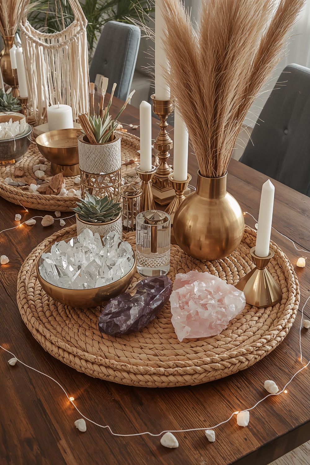 Boho Glam Centerpiece With Crystals And Mixed Textures