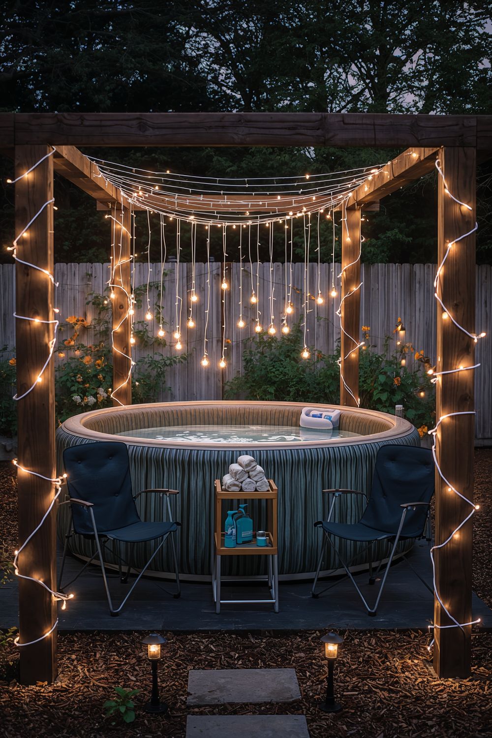 Budget Friendly Inflatable Hot Tub With DIY String Light Canopy