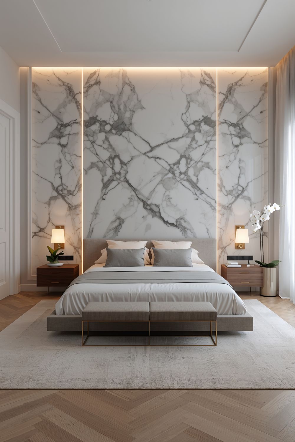 Calacatta Marble Accent Wall Feature Behind Platform Bed