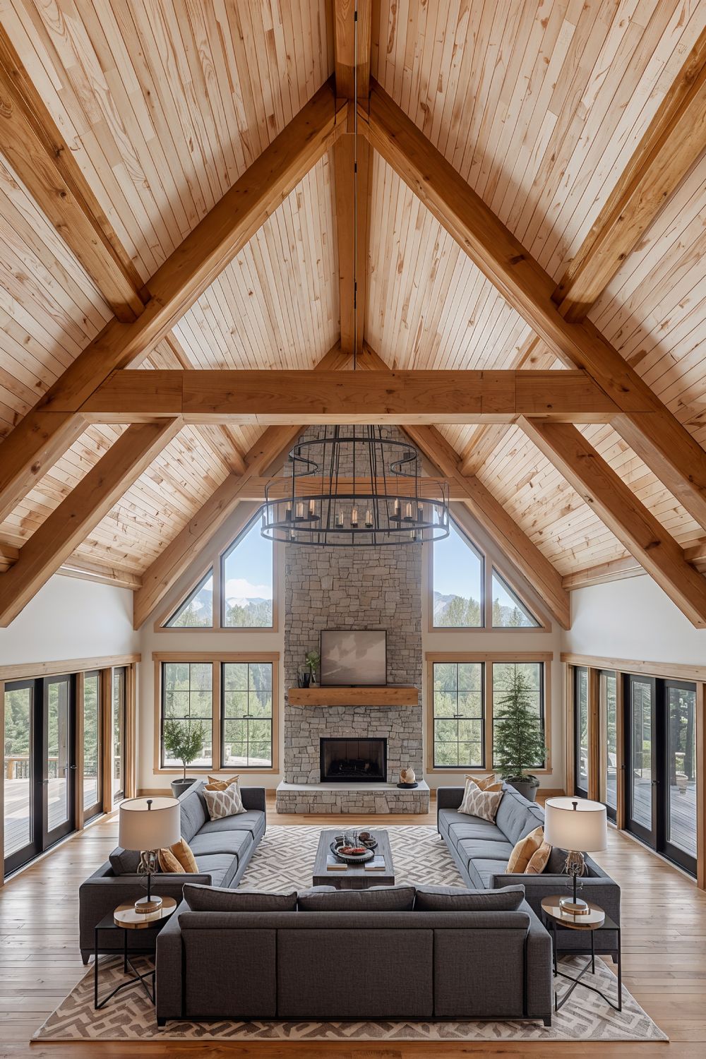Cathedral Ceiling With Exposed Wood Beam Trusses