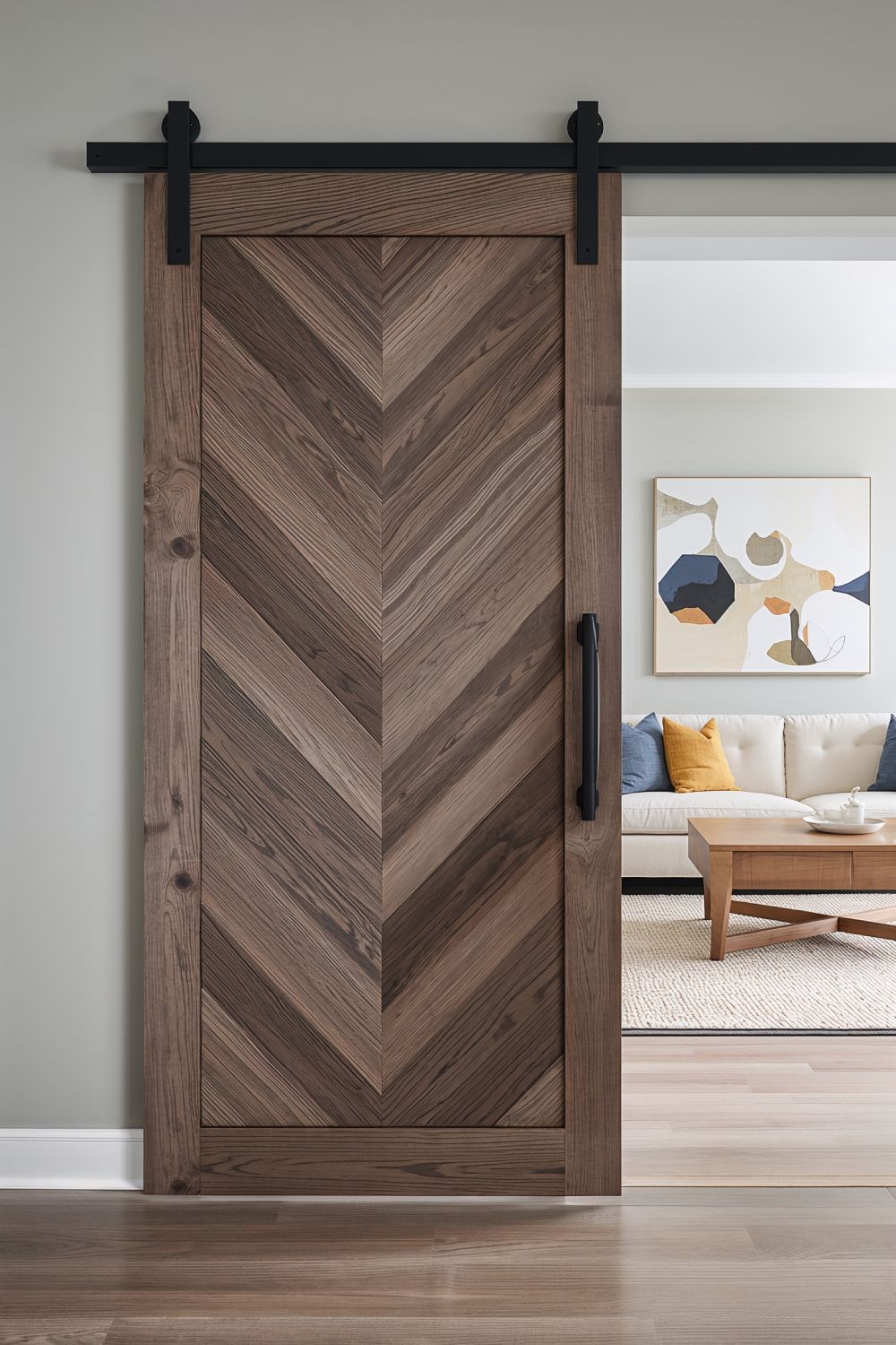 Chevron Pattern Barn Door Creating Geometric Focal Point In Living Room