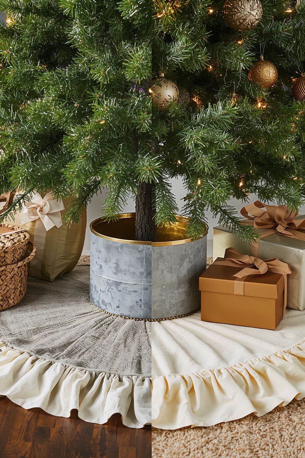 Christmas Tree Collars And Elegant Tree Skirts In Gold Metal And Cream Velvet