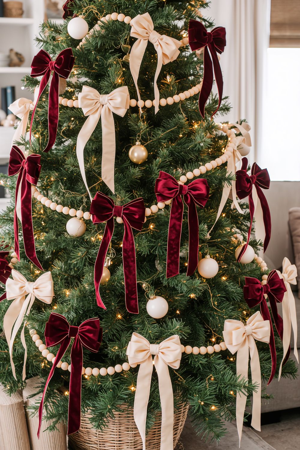 Christmas Tree Decorated With Burgundy And Cream Velvet Ribbon Bows