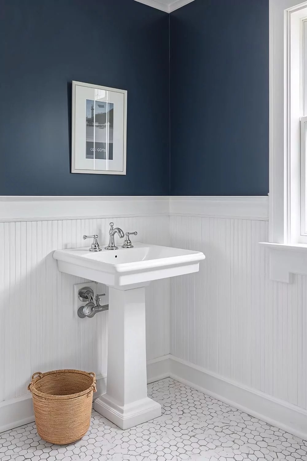 Classic White Beadboard Bathroom With Navy Blue Walls