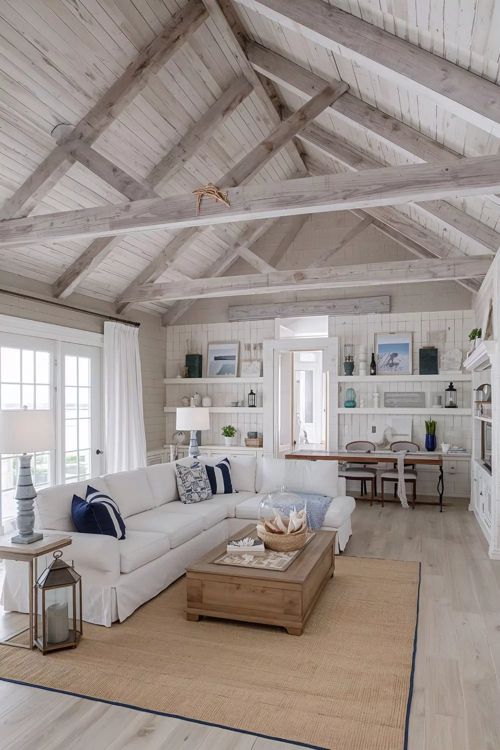Coastal White Washed Ceiling Beams In Beach House