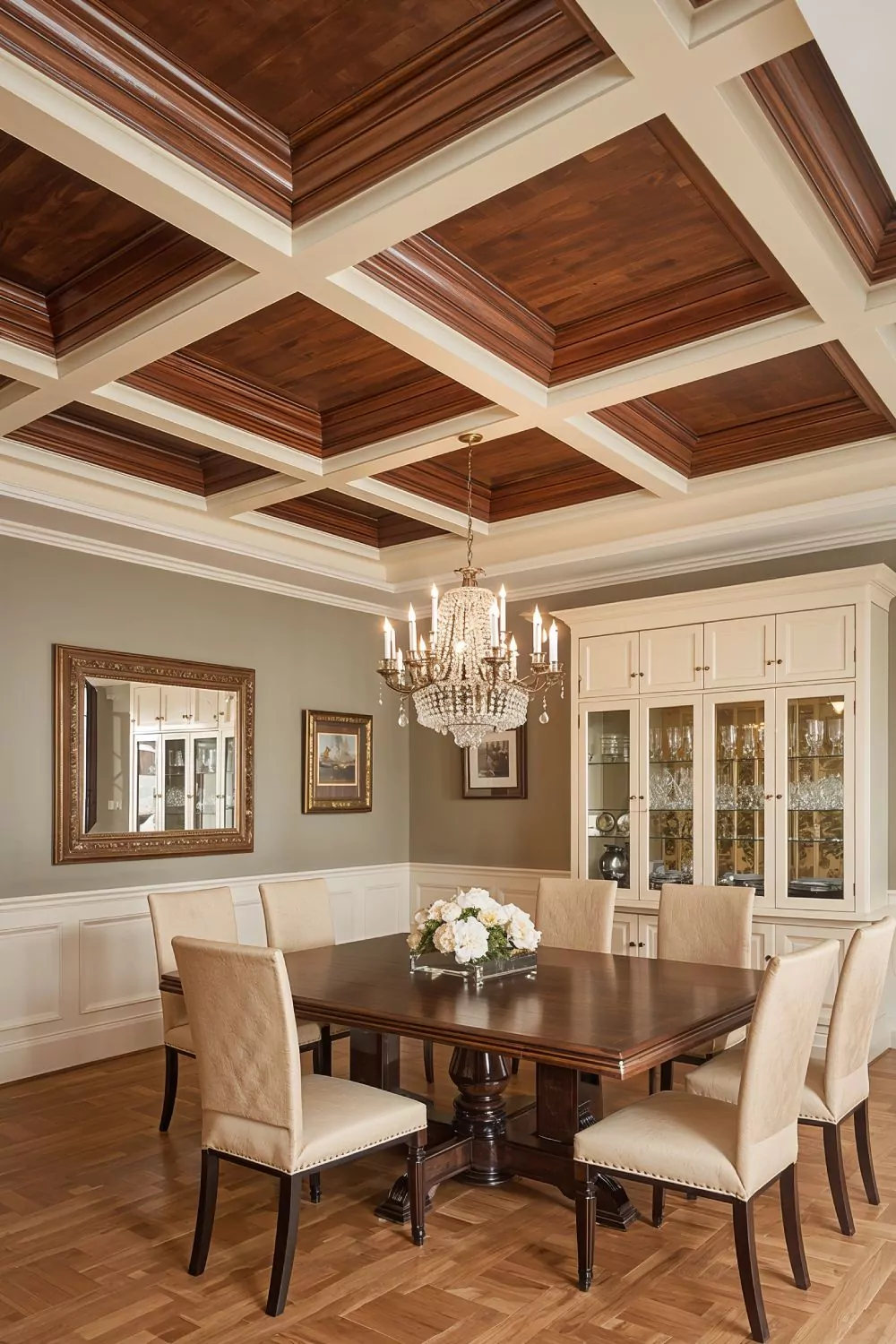 Coffered Ceiling With Walnut Box Beams In Grid Pattern