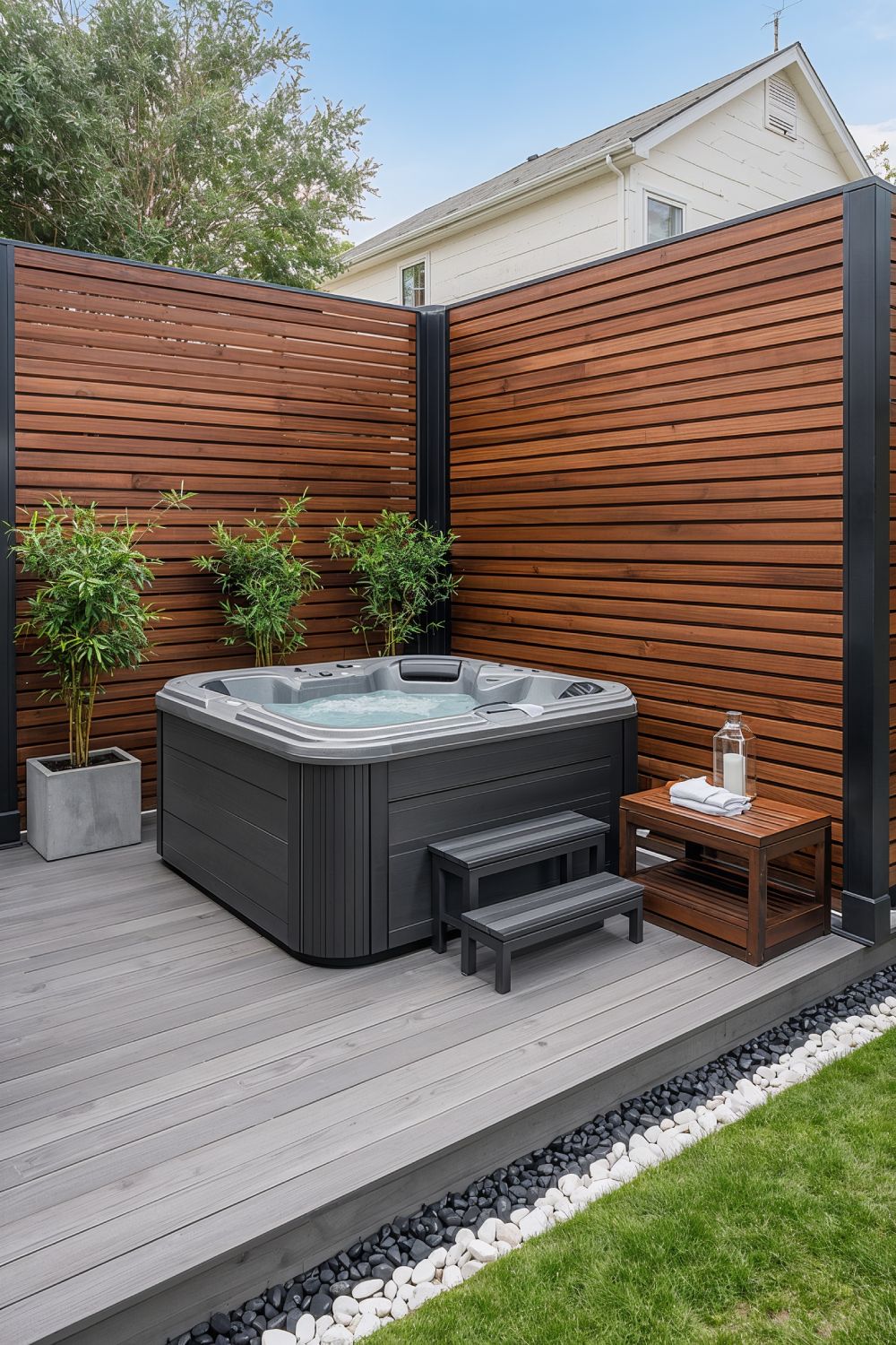 Corner Deck Hot Tub With Horizontal Slat Privacy Fence Screen