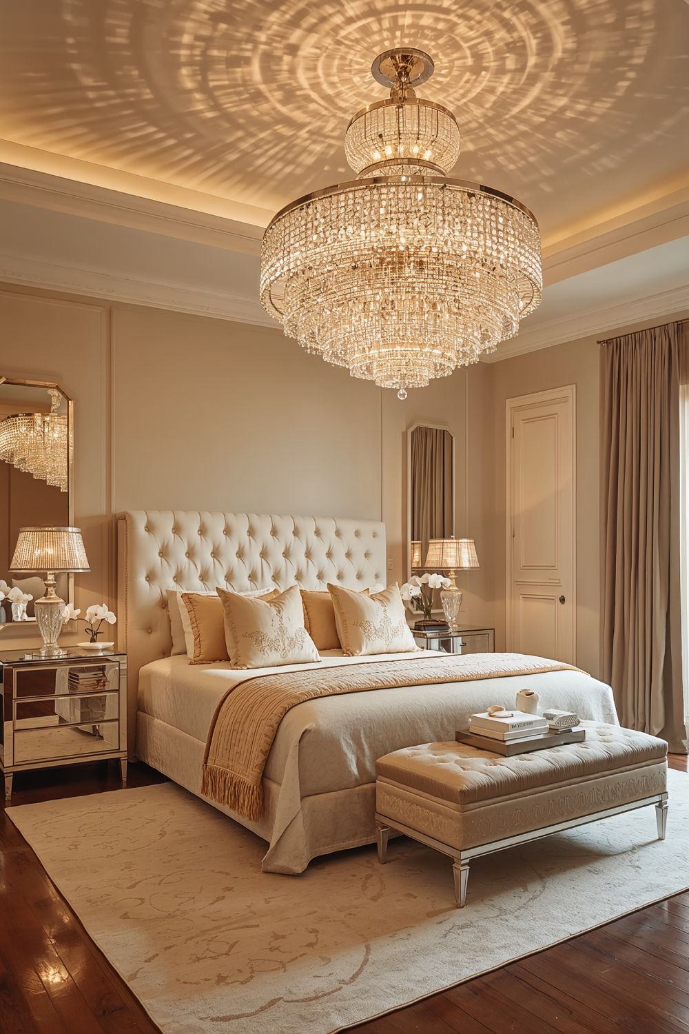 Crystal Chandelier Centerpiece In Luxury Bedroom With Cream Bedding
