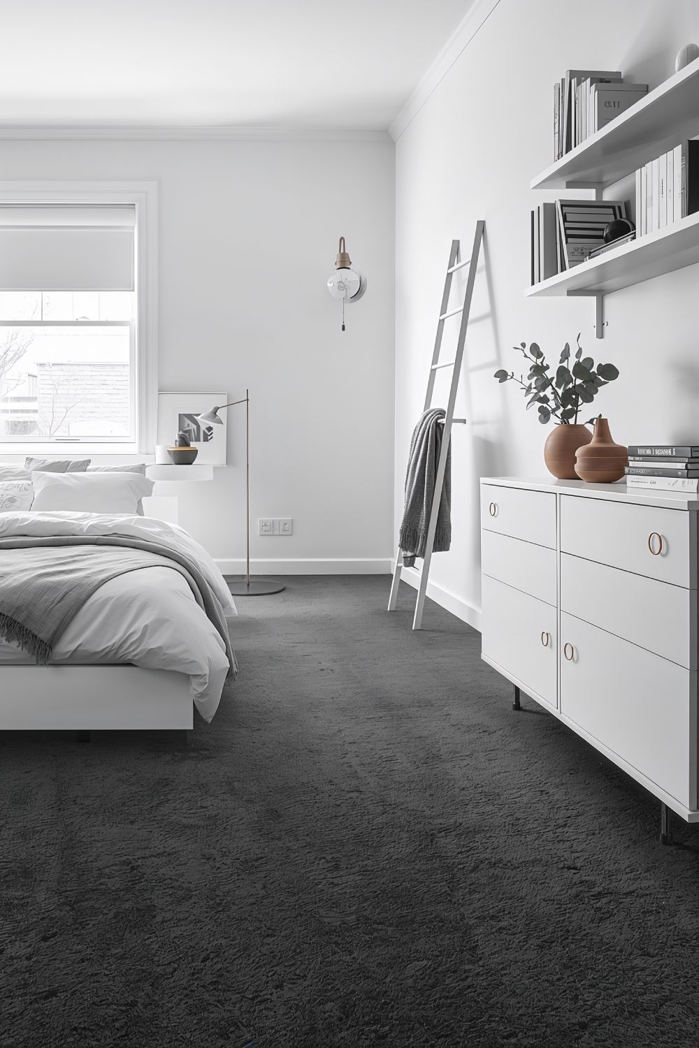 Dark Grey Carpet Scandinavian Bedroom Design