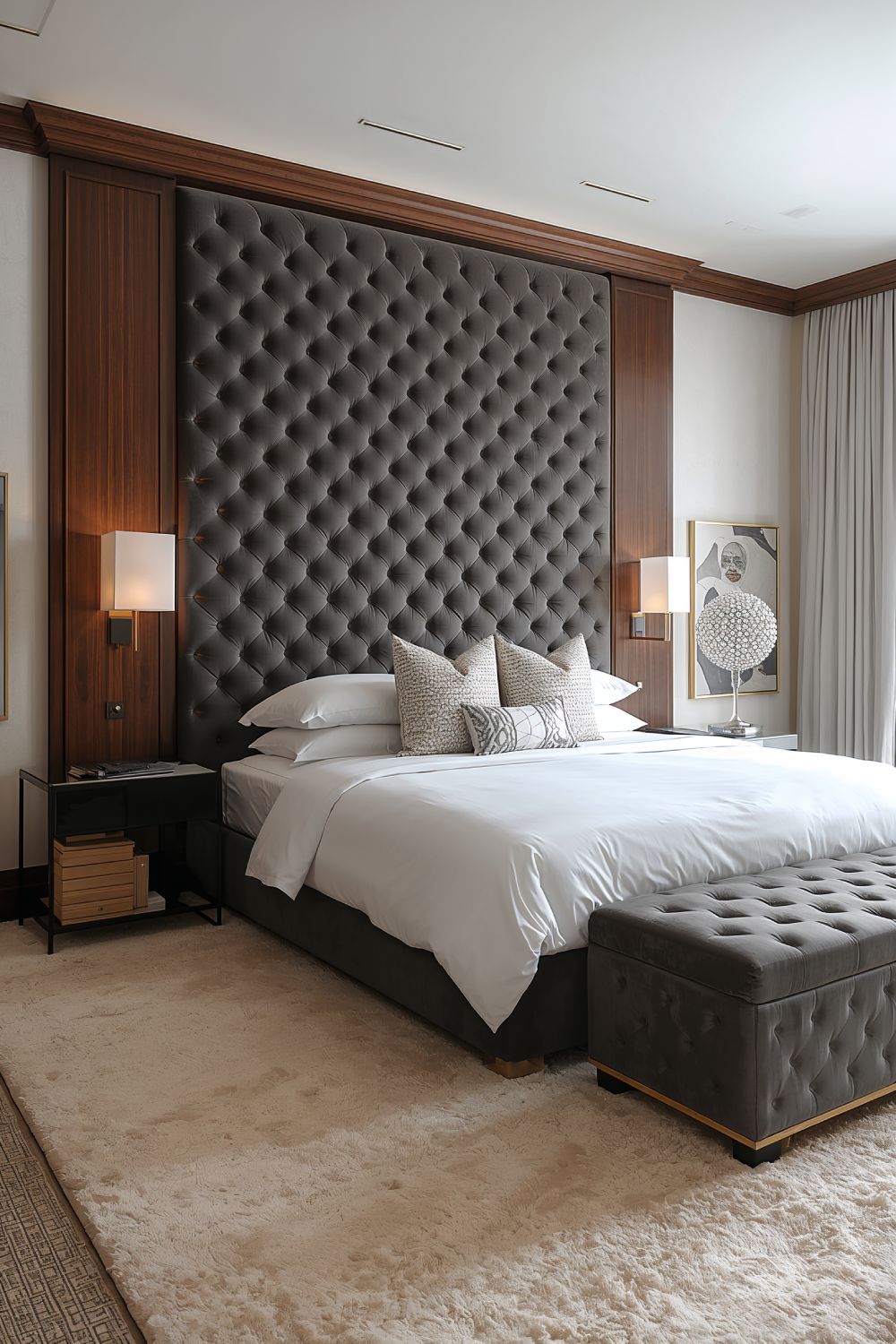 Diamond Tufted Headboard Wall In Gray Velvet Luxury Master Bedroom