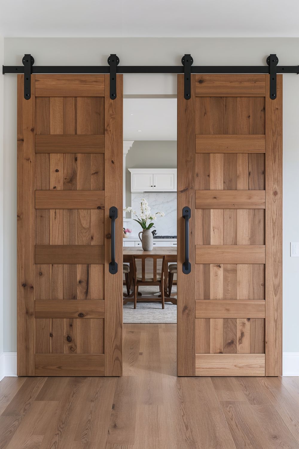 Double Bypass Barn Doors For Wide Opening In Open Concept Home