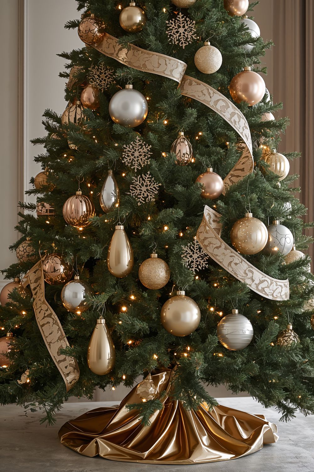 Elegant Christmas Tree Decorated With Gold And Silver Metallic Ornaments