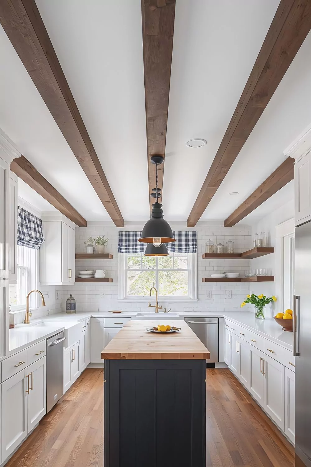 Farmhouse Kitchen With Dark Stained Faux Wood Ceiling Beams