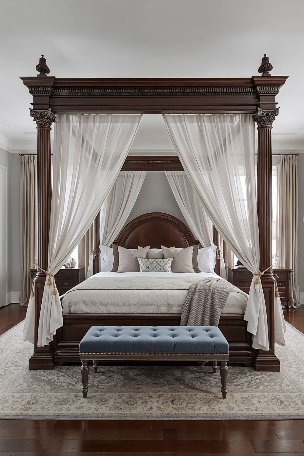 Four Poster Canopy Bed With Flowing Linen Curtains And White Bedding