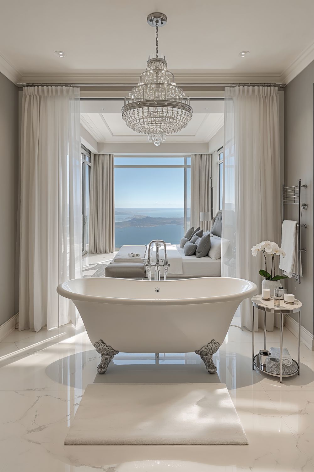 Freestanding Soaking Tub In Luxury Master Bedroom Suite