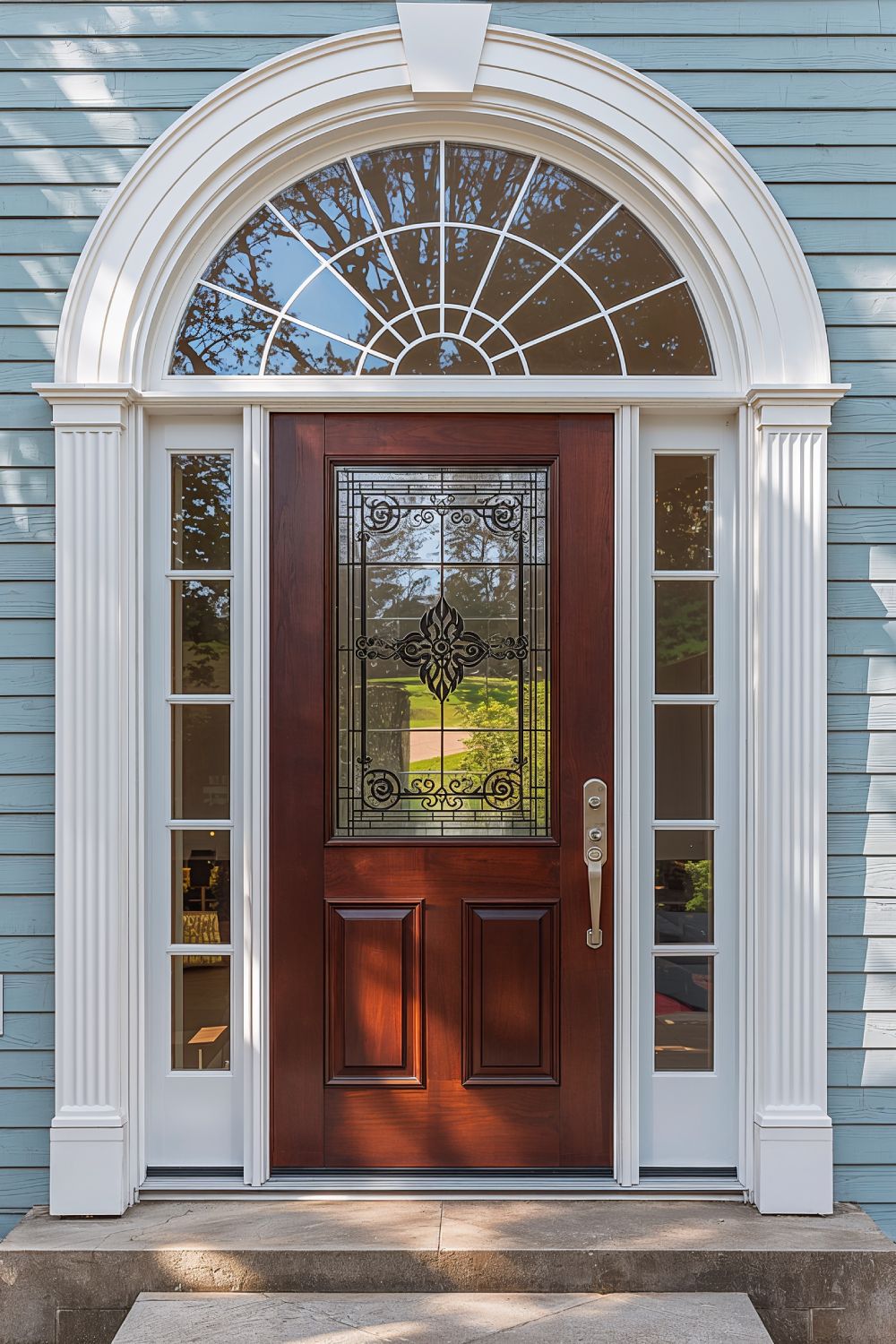 Front Door With Sidelights And Transom Windows For Natural Light