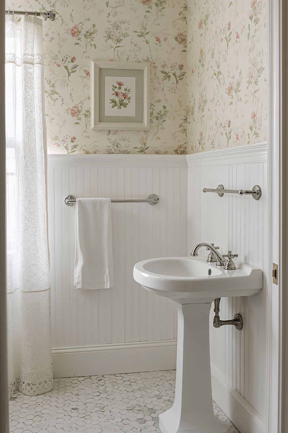 Half Wall Wainscoting With Floral Wallpaper Bathroom