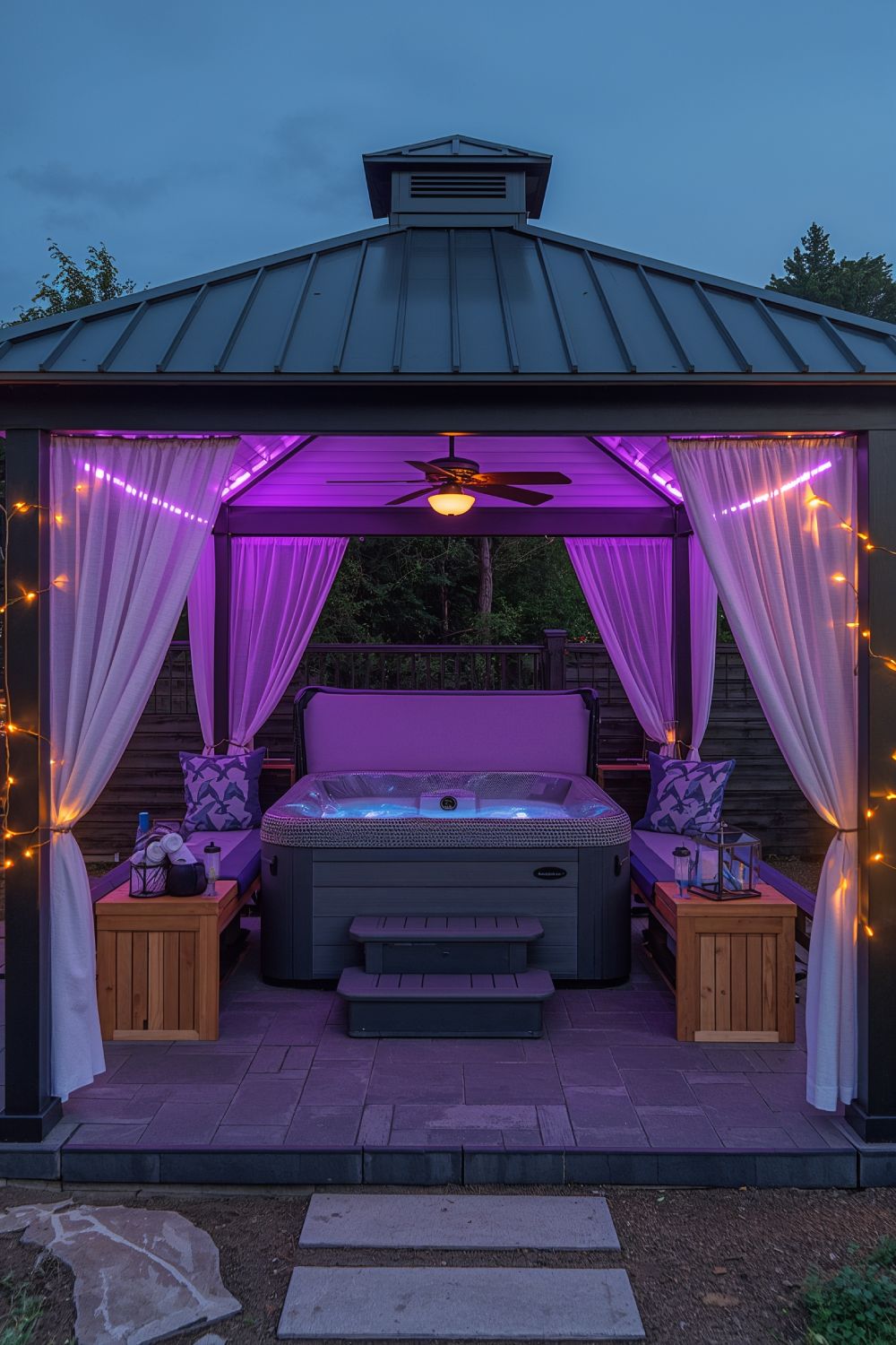 Hard Top Gazebo Enclosing Hot Tub With LED Lighting Curtains