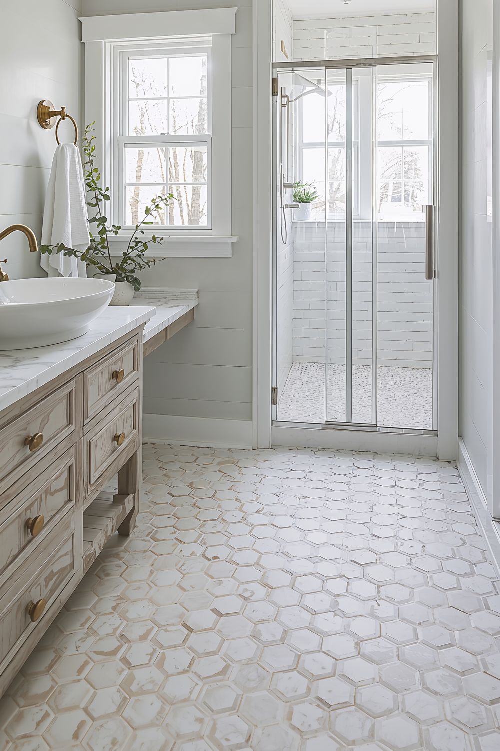 Hexagon Tile Floor For Modern Farmhouse Bathroom