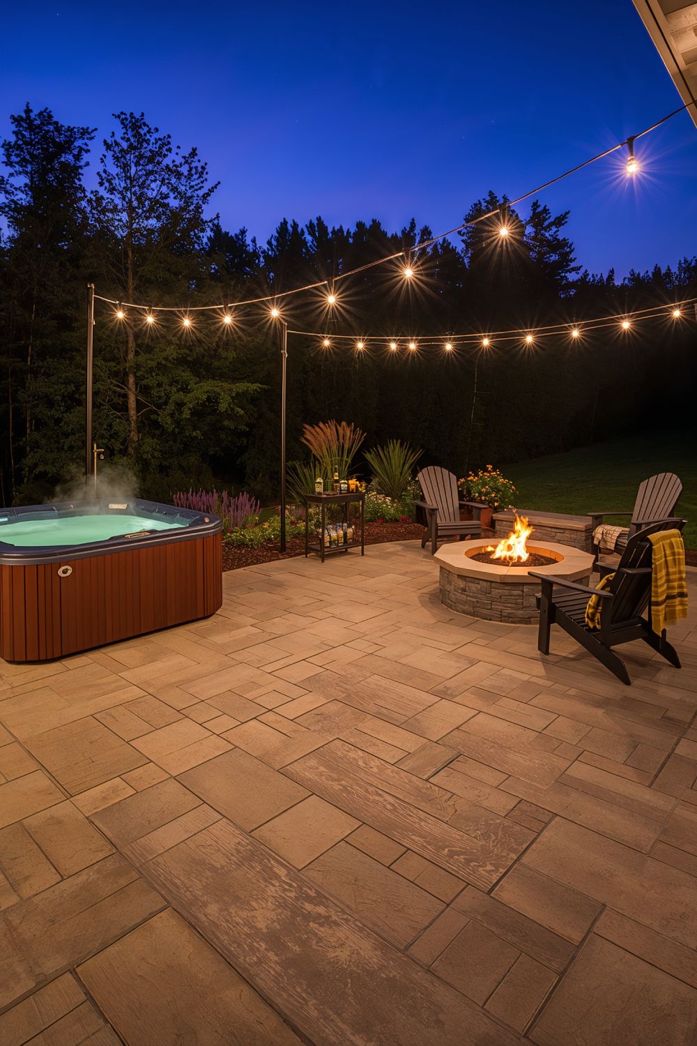 Hot Tub And Fire Pit Combo On Stamped Concrete Patio