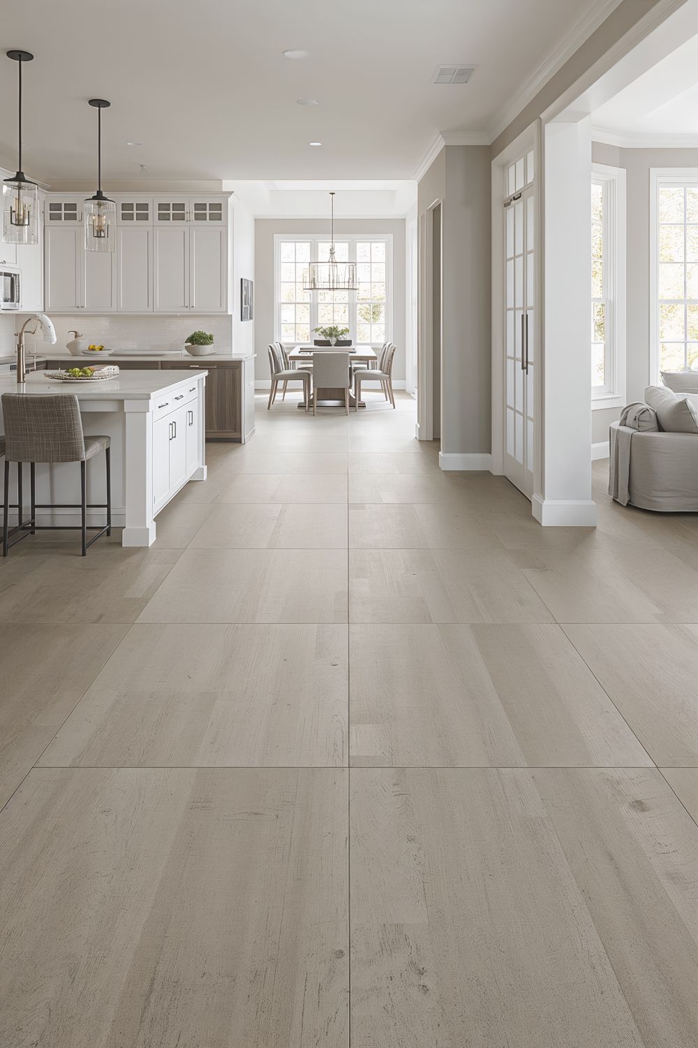 Large Format Tile Flooring In Open Farmhouse Kitchen