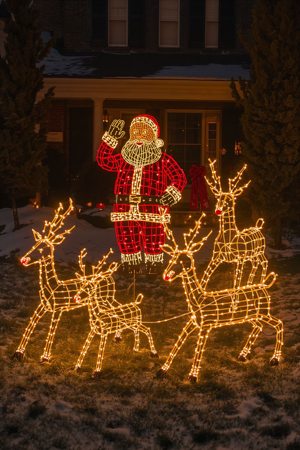 Lighted Reindeer And Santa Claus Figurines Christmas Yard Display