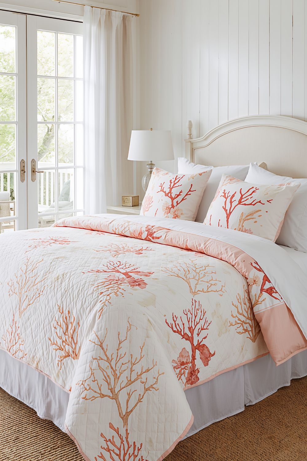 Lightweight Coral Motif Quilt For Summer Coastal Bedroom