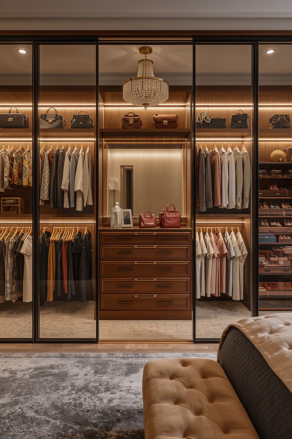 Luxury Walk In Closet With Glass Display Doors And Lighting