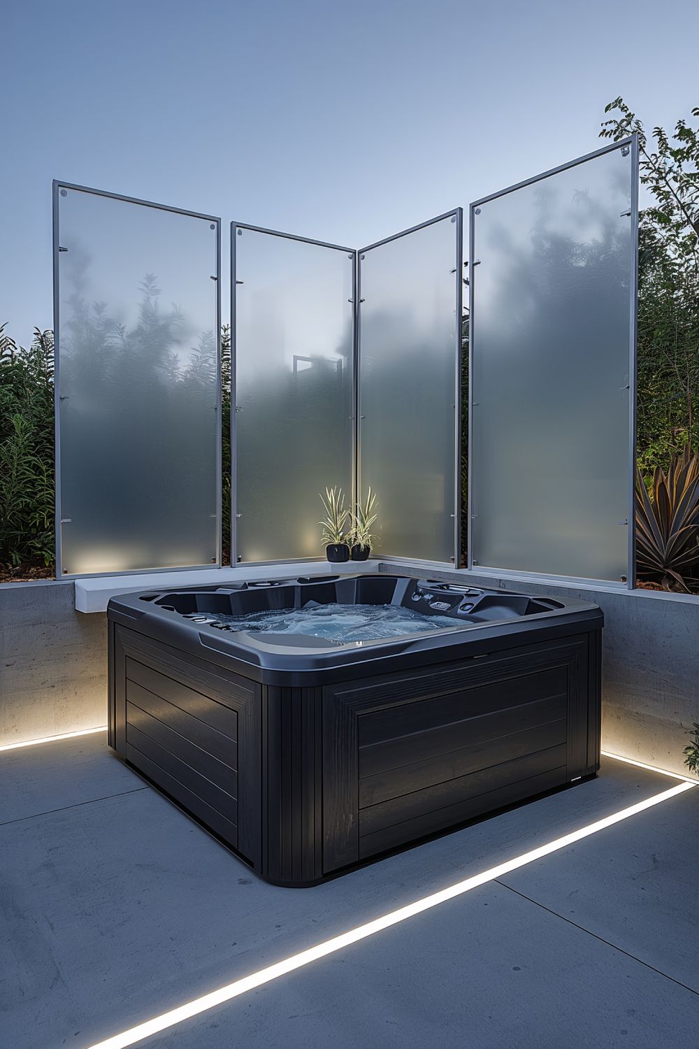 Minimalist Modern Hot Tub With Frosted Glass Privacy Panels