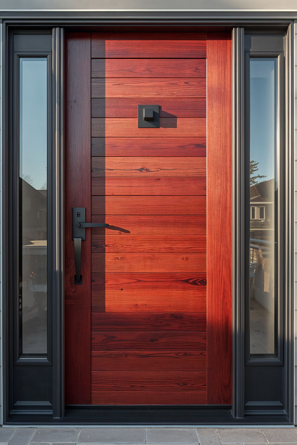 Natural Wood Front Door With Stained Finish And Black Hardware
