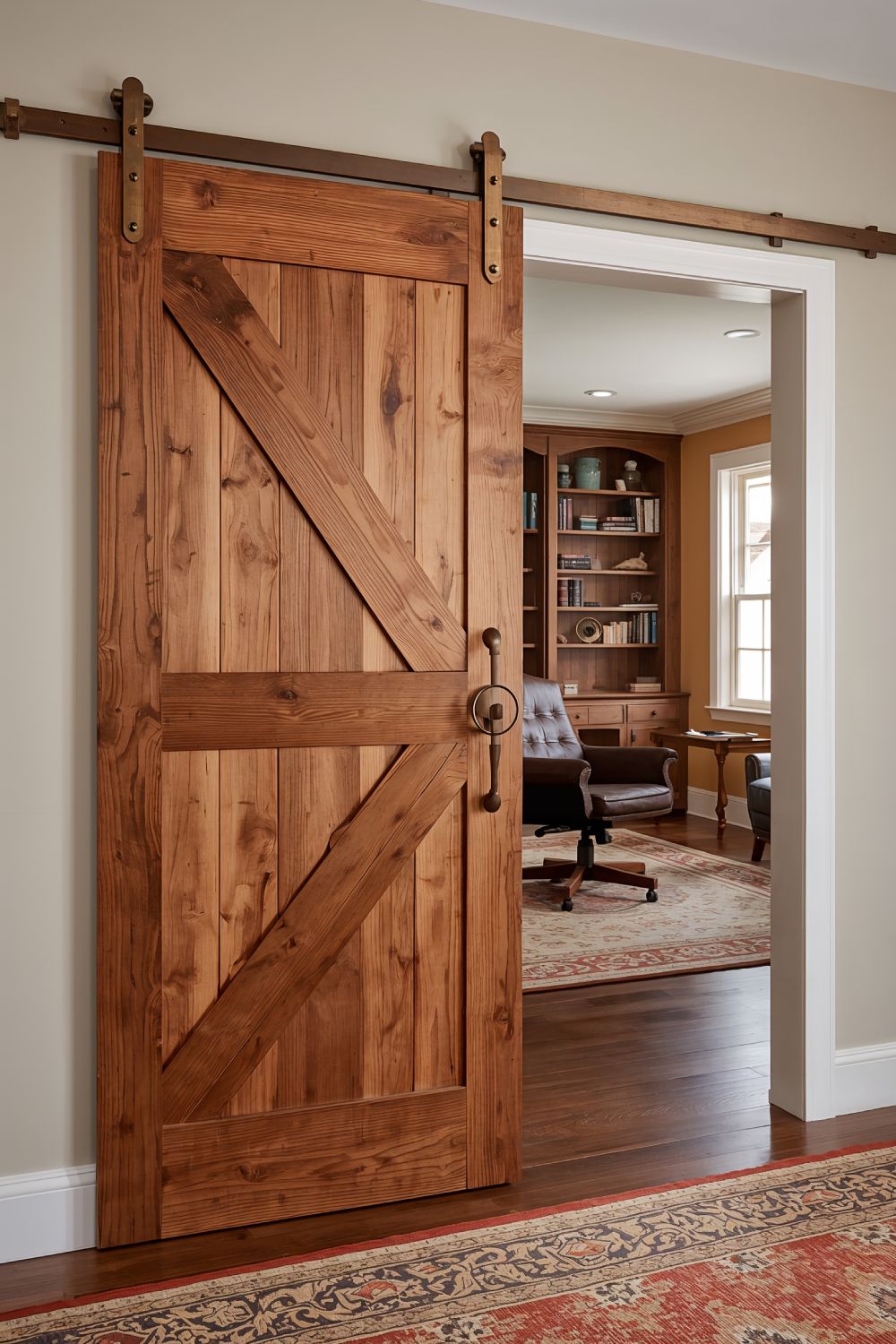 Natural Wood Stained Barn Door With Z Brace In Rustic Home Office