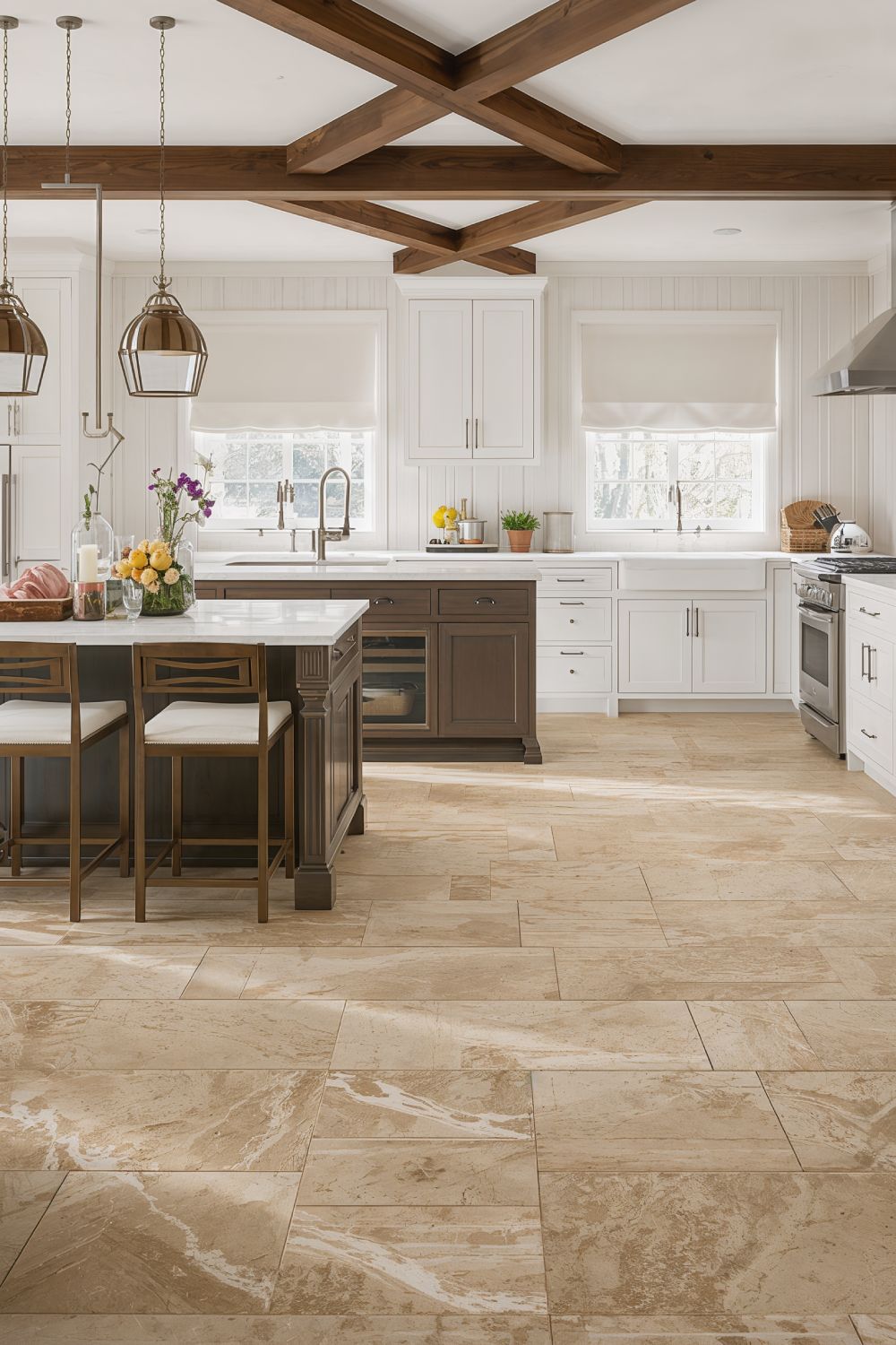 Natural Limestone Tile Flooring In Warm Beige Tones For Farmhouse Kitchen