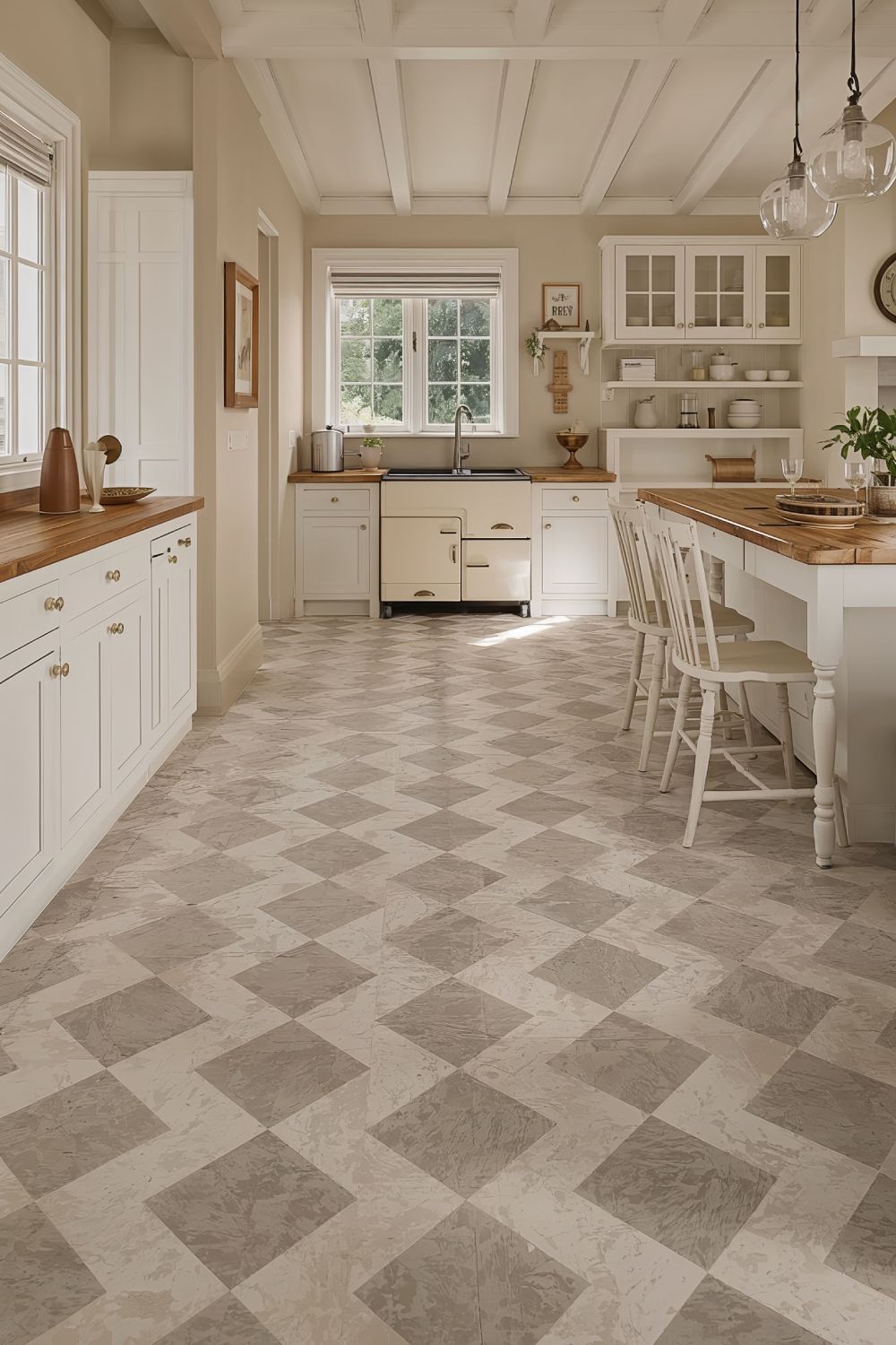 Neutral Checkerboard Tile Floor For Vintage Farmhouse
